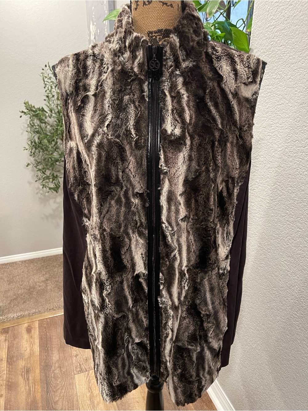 Susan Graver Faux Fur Zip-Front Vest in Brown and Gray
